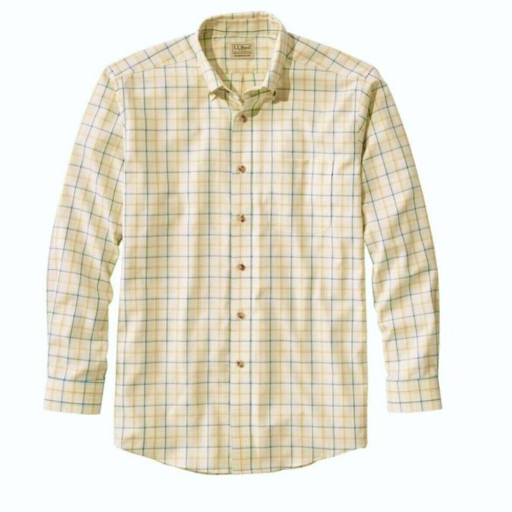 LL Bean Yellow Check Wrinkle Free Twill Sport Shirt Traditional Fit XL TALL